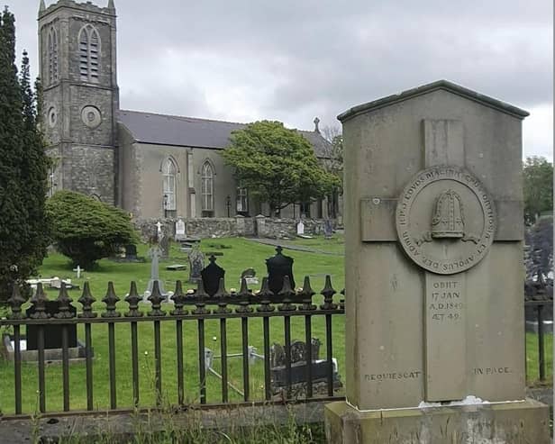 Bishop Maginn’s tombstone at St. Mary’s Church Cockhill Buncrana. Photograph by Vincent Deehan.