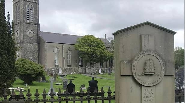 Bishop Maginn’s tombstone at St. Mary’s Church Cockhill Buncrana. Photograph by Vincent Deehan.