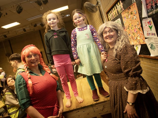Granny D and the 'Wee Girl' pose with some fans before their performance at Saturday's Feile 'Springtime Shenanigans' event in Pilot's Row Centre. : .
