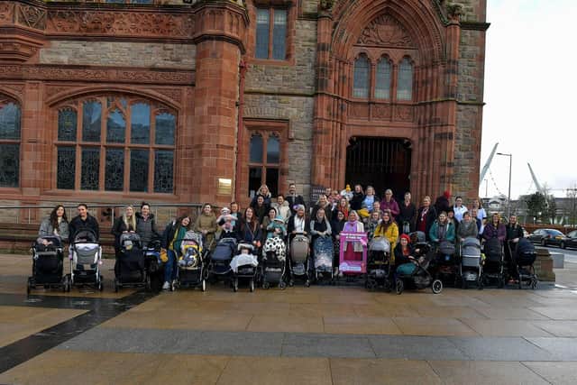 Mayor Sandra Duffy pictured with members of the North West BAPS (Breastfeeding and Perinatal Support) project who gathered in Guildhall Square recently to mark World Best Feeding in Public Day. Photo: George Sweeney. DER2308GS – 79