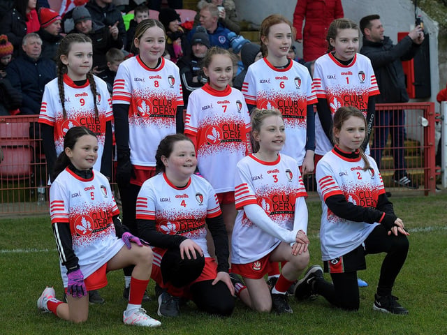 Young footballers from Club Derry played at half-time in Celtic Park on Saturday evening. Photo: George Sweeney