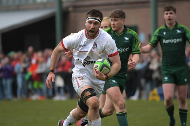 Ulster’s James Wright on his way to score a try against Connacht. Photo: George Sweeney