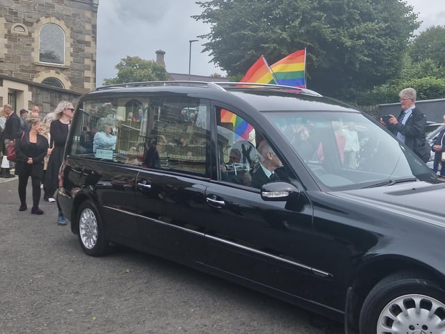 Mourners at the funeral of journalist and activist Nell McCafferty at the Long Tower Church on Friday afternoon.
