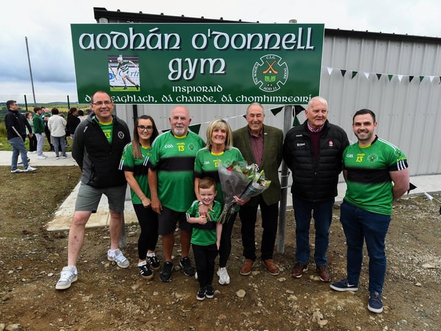 Na Magha Chairman Eamon Harkin, Ciara O’Donnell, Gerry O’Donnell, Moira O’Donnell, Mitchell McLaughlin, Tommy Mellon and Sean O’Donnell at the official opening of the Aodan O’Donnell Gym at Na Magha CLG. Photo: George Sweeney