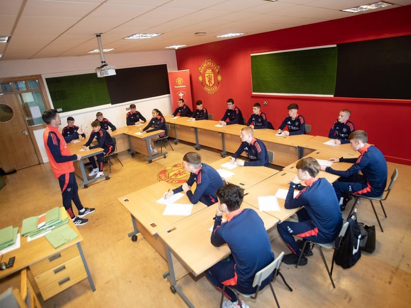 MU Foundation coach Declan Lynch chatting to the  BTEC students during class in St. Joseph's Boys School, Derry this week. (Photos: Jim McCafferty Photography)