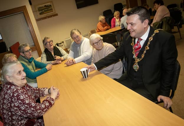 A chat and a nice cup of tea for Mayor McHugh at the Rathmor Women's 50+ Club on Tuesday.