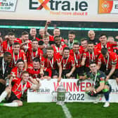Derry City players celebrate with the FAI Cup at the Aviva Stadium.