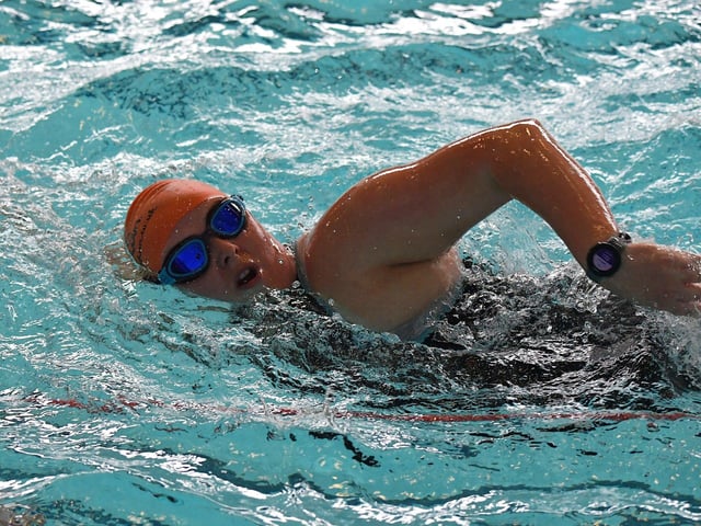 A competitor takes part in the swimming heat of the Liam Ball Triathlon, in the Templemore Sports Complex, on Sunday morning.