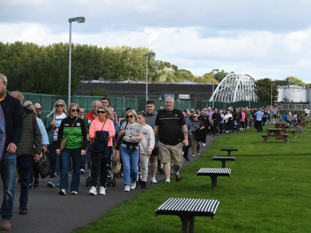 There was a large turnout for Sunday’s Chieftain’s Walk from Bay Road to Foyle Road. Photo: George Sweeney