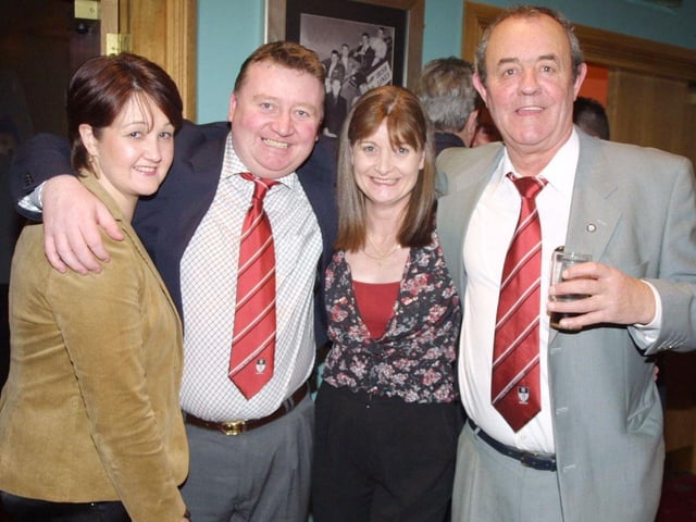 Helen and Marty Gamble pictured Catherine McNulty and Felix McCrossan at the Strabane FC 40th anniversary dance. (0402JB03)
