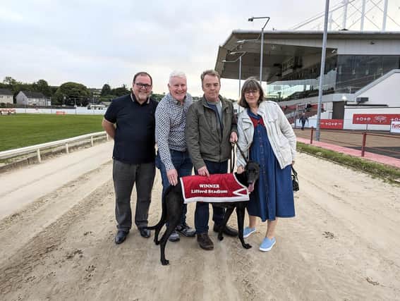 The Track Bookmakers S2/S3 325 winner, 'Astro Blaze' with John McNamee, Partick O’Doherty, trainer Paul Magee and his wife, Jane.