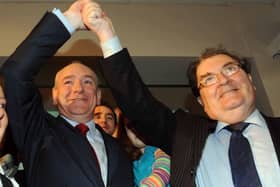 An emotional SDLP leader Mark Durkan with former leader John Hume after making his final speech as party leader at the SDLP annual conference in Newcastle, Co Down, in 2010.