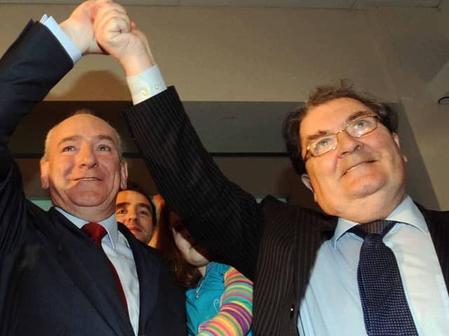 An emotional SDLP leader Mark Durkan with former leader John Hume after making his final speech as party leader at the SDLP annual conference in Newcastle, Co Down, in 2010.