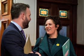 Colum Eastwood MP, party leader, and Claire Hanna MP at the SDLP annual Conference, on Saturday morning, in St Columb’s Hall. Photo: George Sweeney. DER2312GS – 34