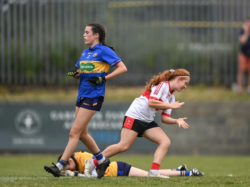 Action from the 2023 All-Ireland U14 Gold Final between Derry and Tipperary at Clan na Gael GAA Club in Dundalk, Louth. Photo by Stephen Marken/Sportsfile