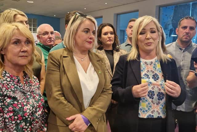 Michelle O'Neill with Foyle MLA Ciara Ferguson and Mayor Sandra Duffy speaking with the media at Foyle Arena.