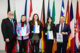 Three students from Derry, Caitlyn Bullock, Aoife Campbell and Hannah McDonald pictured receiving their Rotary Youth Leadership Development awards from Capt. Sean Fitzgerald, District Governor of Rotary Ireland and Patrick O’Riordan, Head of Public Affairs with the European Parliament in Ireland,  at an event at Europe House in Dublin recently. [Photo: Collette Creative Photography]
