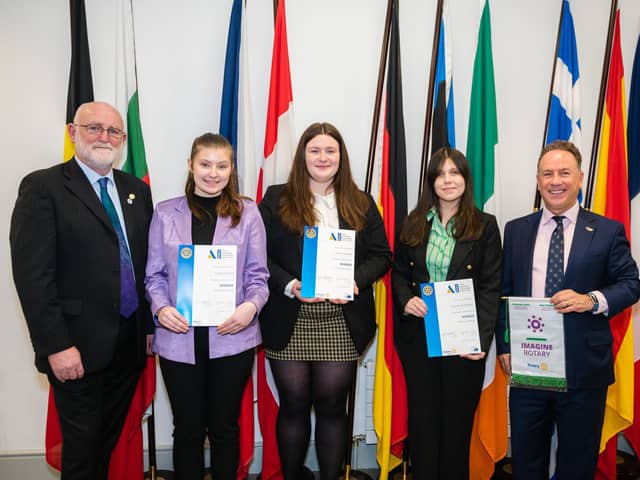 Three students from Derry, Caitlyn Bullock, Aoife Campbell and Hannah McDonald pictured receiving their Rotary Youth Leadership Development awards from Capt. Sean Fitzgerald, District Governor of Rotary Ireland and Patrick O’Riordan, Head of Public Affairs with the European Parliament in Ireland,  at an event at Europe House in Dublin recently. [Photo: Collette Creative Photography]
