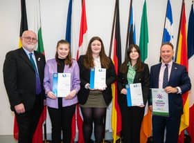 Three students from Derry, Caitlyn Bullock, Aoife Campbell and Hannah McDonald pictured receiving their Rotary Youth Leadership Development awards from Capt. Sean Fitzgerald, District Governor of Rotary Ireland and Patrick O’Riordan, Head of Public Affairs with the European Parliament in Ireland,  at an event at Europe House in Dublin recently. [Photo: Collette Creative Photography]