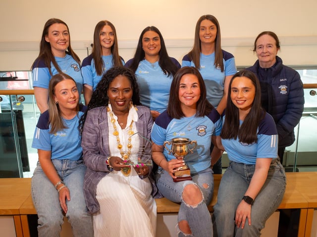 Strabane Athletics Division 5 Netball league winners, with Mayor Lilian Barr, and team coach Isabelle McNulty.