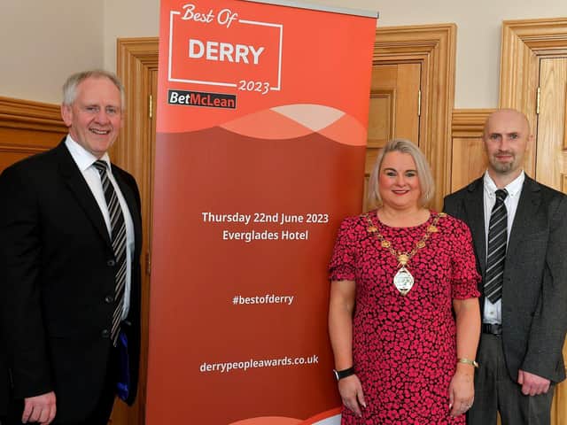 Pictured at the launch of the Best of Derry 2023 Awards in the Guildhall on Wednesday morning are principle sponsor Paul McLean, managing director of BetMcLean, Mayor Sandra Duffy and Brendan McDaid, Digital Editor of the Derry Journal.  Photo: George Sweeney. DER2308GS – 90 