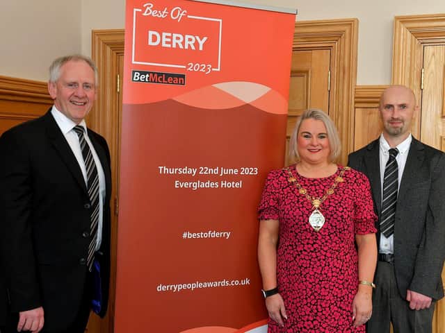 Pictured at the launch of the Best of Derry 2023 Awards in the Guildhall on Wednesday morning are principle sponsor Paul McLean, managing director of BetMcLean, Mayor Sandra Duffy and Brendan McDaid, Digital Editor of the Derry Journal. Photo: George Sweeney. DER2308GS – 90