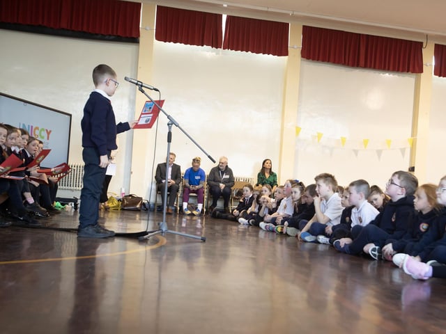 One of the members of the School Council addressing the Children's Commissioner on Thursday at Holy Child PS.