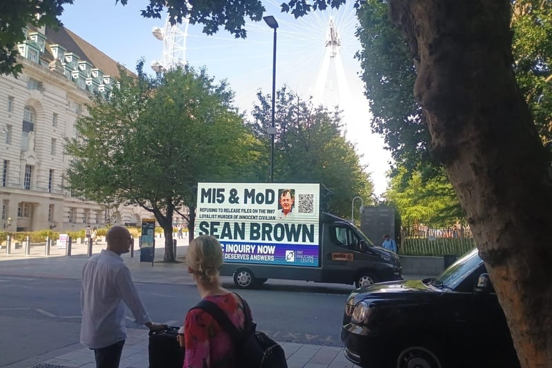 A billboard drawing attention to the Sean Brown campaign has been circulating in central London this week.