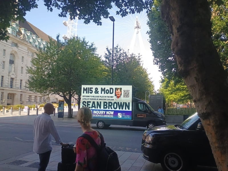 A billboard drawing attention to the Sean Brown campaign has been circulating in central London this week.