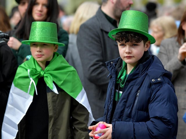 People enjoy the atmosphere at the St Patrick’s Day in Guildhall Square on Friday afternoon. Photo: George Sweeney. DER2311GS – 28