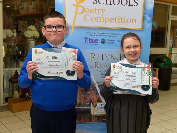 Joint Second Place in the KS2 My Dream category in the inaugural Foyle Schools Poetry Competition were Aaron Johnston, St Paul’s PS and Mollie O’Neill, Model PS. Photo: George Sweeney. DER2313GS – 37