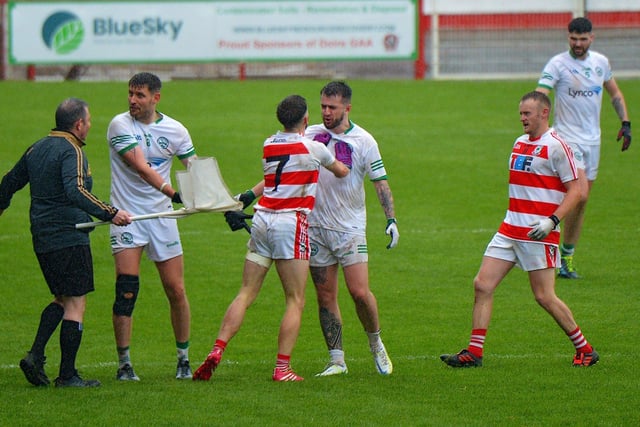 Tempers flare during the JFC final between Craigbane and Ballerin in Celtic Part on Sunday afternoon last. Photo: George Sweeney.  DER2241GS – 35 