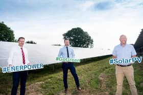 Enerpower Sales Director John Carty pictured with Luke Deasy, Operations Director at Enerpower and Owen Power, Managing Director of Enerpower. Enerpower have developed Ireland's largest solar farm with help from NWRC and cross-border InterTradeIreland programme. (Pic DAVID CLYNCH)