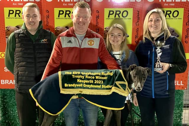 The Eire Greyhound Racing Sprint at Brandywell was won by 'Dellser Miracle'. From left, Jason Mernor, Stephen Brown, owner Georgina Gibbons and Jooles Slater.