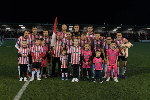 Mascots pictured with the Derry City starting eleven against Drogheda. Photograph: George Sweeney
