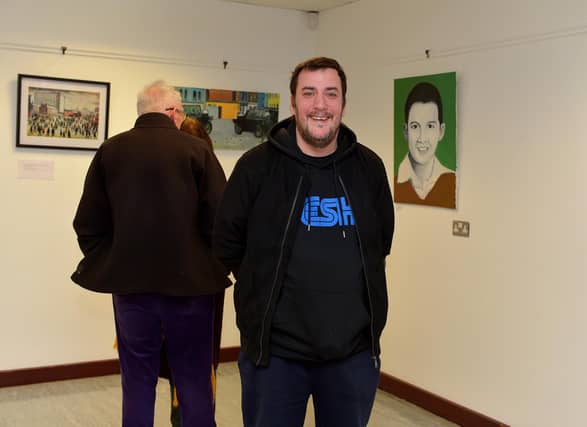 Artist Square Bear pictured at the launch of his exhibition ‘Injustice’ at the Eden Arts Centre on Monday evening last. The exhibition commemorating the 51st anniversary of Bloody Sunday runs until 1st February next. Photo: George Sweeney. DER2305GS – 70
