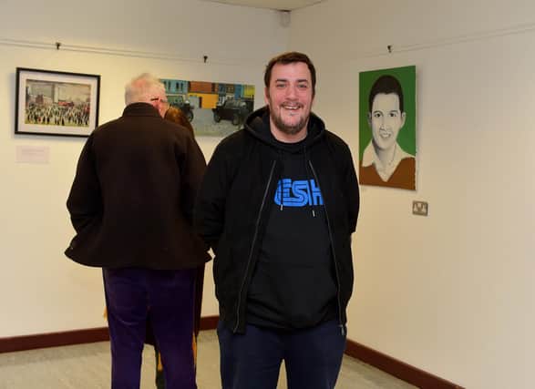 Artist Square Bear pictured at the launch of his exhibition ‘Injustice’ at the Eden Arts Centre on Monday evening last. The exhibition commemorating the 51st anniversary of Bloody Sunday runs until 1st February next.  Photo: George Sweeney. DER2305GS – 70