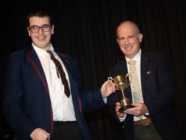 Barry Heaney pictured with Head of Year David Middelton, receiving The Bank of Ireland Award for Contribution to the Community, curriculum awards for French, Mathematics, Science (DA), Spanish and jointly The Principal's cup for Overall Academic Excellence. (Photos: Jim McCafferty Photography)