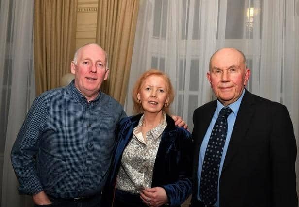Margaret Jackson pictured with her brother (and donor) John McLoone and consultant Professor Frank Jones at her 65th birthday celebrations in Bishop’s Gate Hotel. Margaret marks 65th birthday with celebration of life following a remarkable recovery from leukaemia