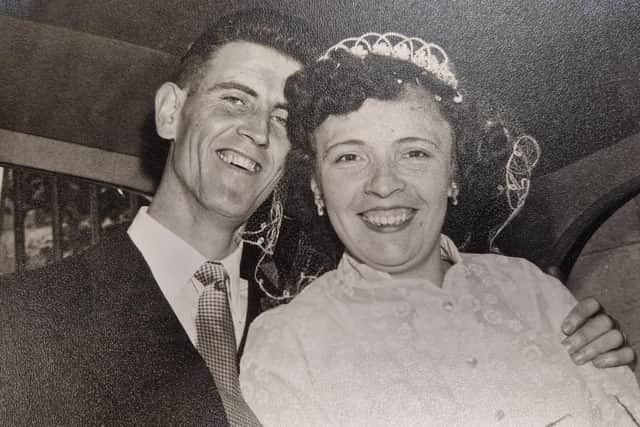 The couple wed in the Long Tower on August 28, 1957.