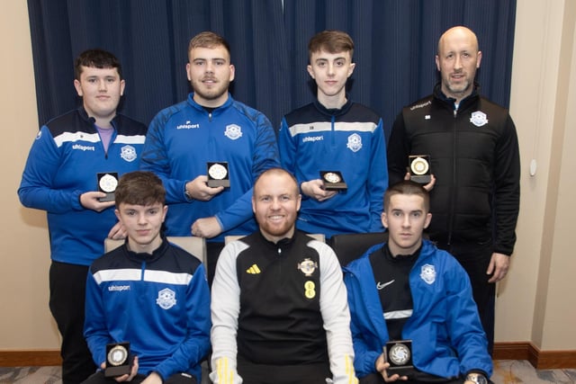 Ronan O'Donnell, Irish Football Association, special guest, pictured with Culmore YFC u-16s, Championship Runners-Up at the D&D Youth Awards at the City Hotel on Friday night last. Included is coach Jude Power.