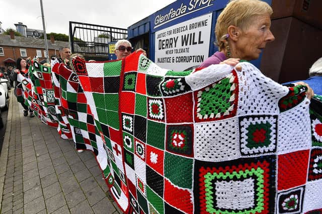The Bloody Sunday Trust in partnership with Craftivism for Palestine brought the Granny Squares for Gaza quilt to Derry's Museum of Free Derry on Tuesday afternoon. Photo: George Sweeney
