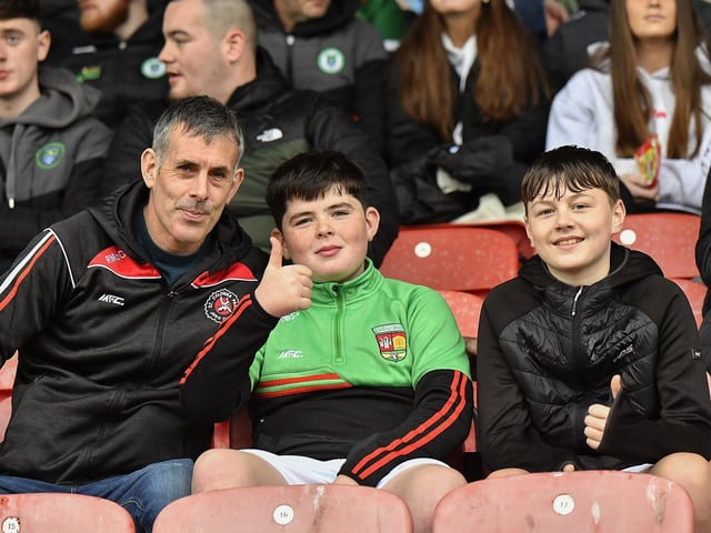 Fans in Celtic Park, on Sunday afternoon, for the Derry Junior Football Championship Final between Doire Trasna and Slaughtmanus. Photo: George Sweeney