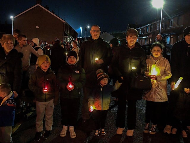 Omar Barghouti (centre), founding committee member of Palestine Campaign for the Academic and Cultural Boycott of Israel pictured at Thursday evening’s procession and vigil for the children of Palestine at the Bloody Sunday Monument on Rossville Street. Photo: George Sweeney