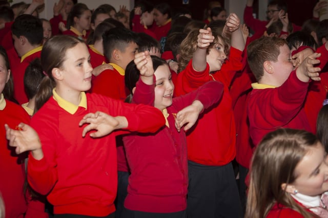 Joining in the fun at Steelstown PS on Thursday last as the Jive Aces entertained the pupils and staff.