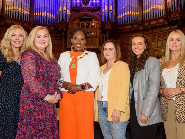 Much Ado Stage School founder Rois Lynch, second from left pictured with the Mayor Councillor Lilian Barr, and members of her team, Samantha Mitchell, Grace Campbell, Jamie Donnelly and Irene O’Reilly, during a reception in the Guildhall. The Mayor welcomed to the Guildhall members, family and friends of the Much Ado Stage School based in Castlederg and Strabane as the group marks its 30th anniversary. The school was founded by Rois Lynch and has recently been on stage with their production of Matilda. Picture Martin McKeown. 11.06.24