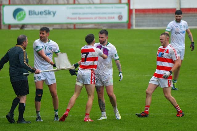 Tempers flare during the JFC final between Craigbane and Ballerin in Celtic Part on Sunday afternoon last. Photo: George Sweeney.  DER2241GS – 35 