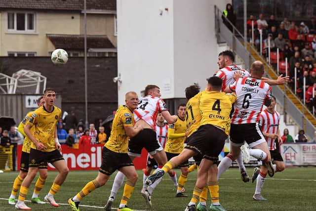 Derry City’s Danny Mullen scores the second of his two goals against St Pats. Photograph: George Sweeney