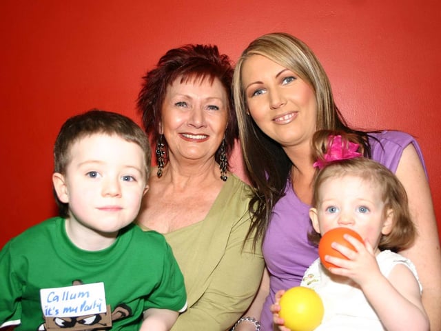 Birthday Boy Callum with Granny Pat, Mum Roisin, and Abby. 3632/dd : Parties in Derry in Spring 2006.