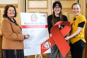 Mayor of Derry City and Strabane District Council, Cllr Patricia Logue, Lea Dickson, Training and Community Engagement Officer, Positive Life, and Dr Melissa Perry, Consultant in Sexual Health, and HIV, at the signing of the Fast Track Cities Pledge at the Guildhall.